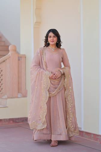 Beautiful chiku color chiffon color evening ceremonial wear gown with dupatta