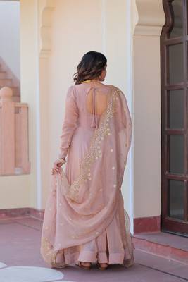 Beautiful chiku color chiffon color evening ceremonial wear gown with dupatta 3