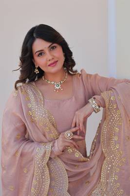 Beautiful chiku color chiffon color evening ceremonial wear gown with dupatta 4