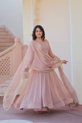 Beautiful chiku color chiffon color evening ceremonial wear gown with dupatta 5