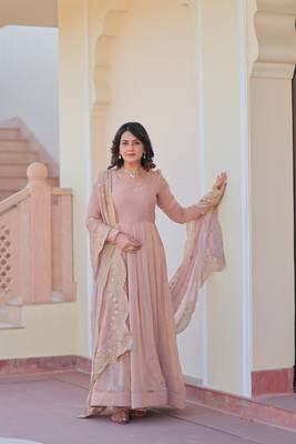 Beautiful chiku color chiffon color evening ceremonial wear gown with dupatta 6