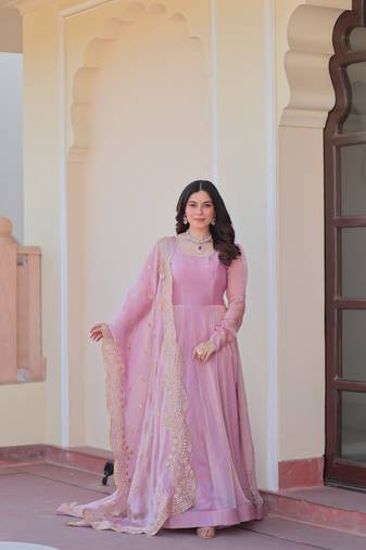 Beautiful pink color chiffon color evening ceremonial wear gown with dupatta