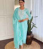 Sky blue color cotton fabric readymade salwar kameez for rich ethnic looks