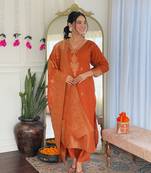 Orange color viscose jacquard fabric readymade salwar kameez for rich ethnic looks