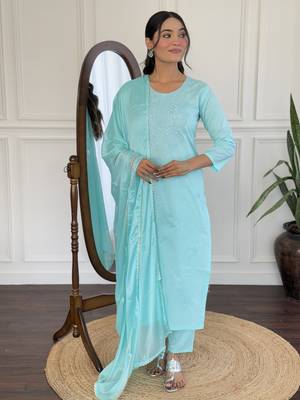 Sky blue color cotton fabric partywear readymade kurta set 1
