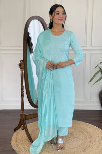 Sky blue color cotton fabric partywear readymade kurta set