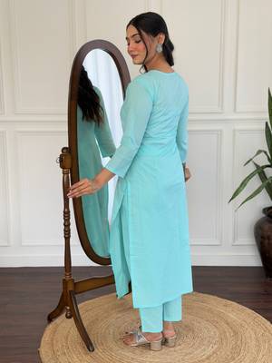 Sky blue color cotton fabric partywear readymade kurta set 2