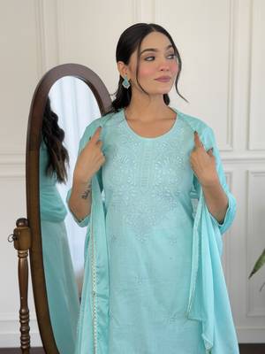 Sky blue color cotton fabric partywear readymade kurta set 3