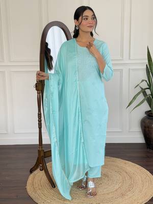 Sky blue color cotton fabric partywear readymade kurta set 4