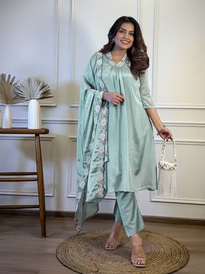 Blue color chinon partywear readymade kurta set 1