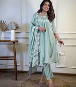 Blue color chinon fabric partywear readymade kurta set