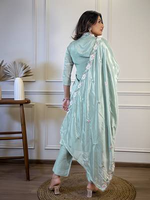 Blue color chinon partywear readymade kurta set 2