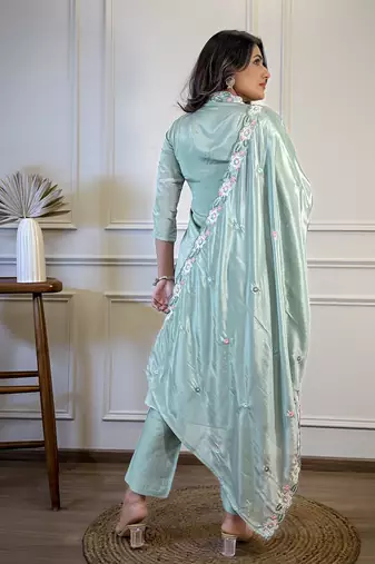 Blue color chinon partywear readymade kurta set