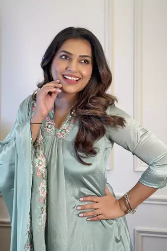 Blue color chinon partywear readymade kurta set