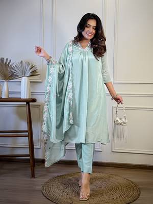 Blue color chinon partywear readymade kurta set 4