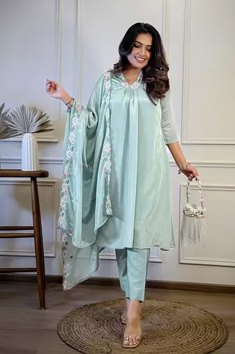 Blue color chinon partywear readymade kurta set