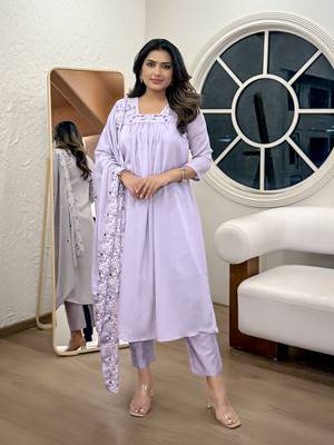 Lavender color chinon partywear readymade kurta set 1