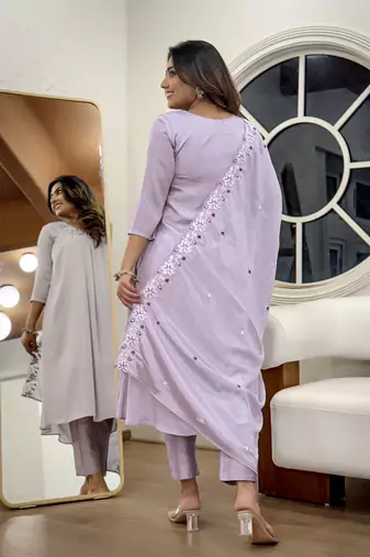 Lavender color chinon partywear readymade kurta set