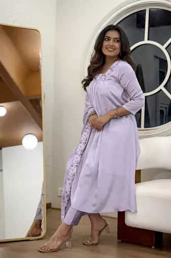 Lavender color chinon partywear readymade kurta set