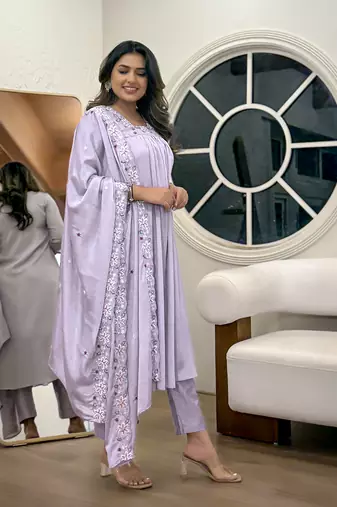 Lavender color chinon partywear readymade kurta set