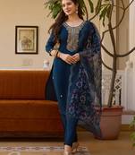 Blue color viscose chanderi fabric partywear readymade kurta set