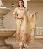 Beige color viscose assam silk fabric partywear readymade kurta set