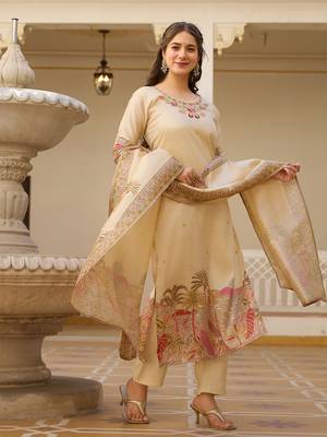 Beige color viscosee assam silk partywear readymade kurta set 4