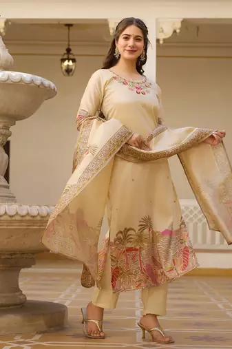 Beige color viscosee assam silk partywear readymade kurta set