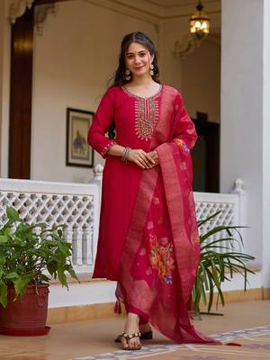 Red color viscosee chanderi partywear readymade kurta set 1