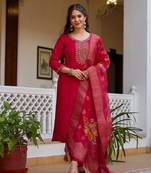 Red color viscose chanderi fabric partywear readymade kurta set