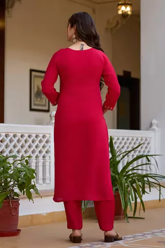 Red color viscosee chanderi partywear readymade kurta set