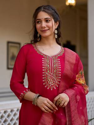 Red color viscosee chanderi partywear readymade kurta set 3