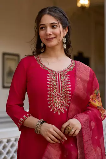 Red color viscosee chanderi partywear readymade kurta set