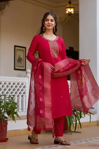 Red color viscosee chanderi partywear readymade kurta set