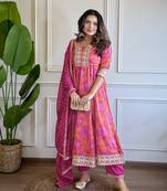 Pink color chinon fabric partywear readymade kurta set