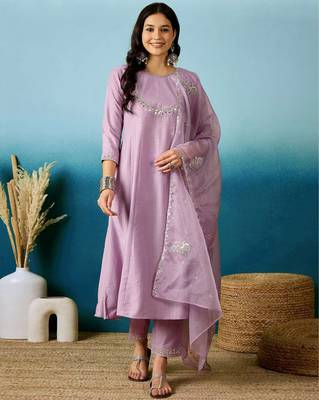 Purple color silk blend partywear readymade kurta set 1