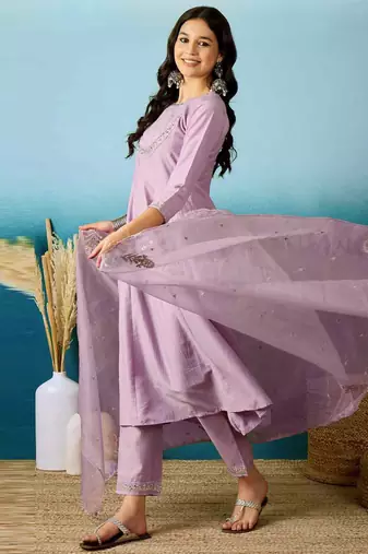 Purple color silk blend partywear readymade kurta set