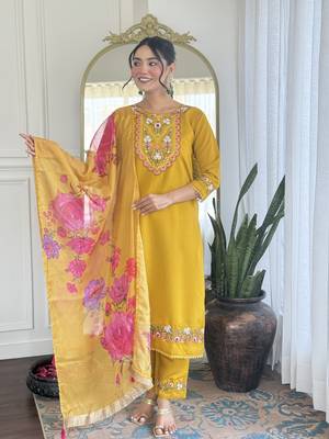 Yellow color chanderi partywear readymade kurta set 1