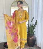 Yellow color chanderi fabric partywear readymade kurta set