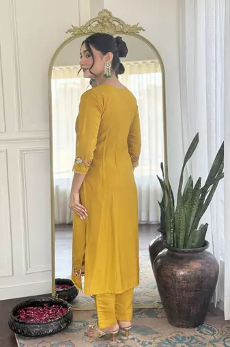 Yellow color chanderi partywear readymade kurta set