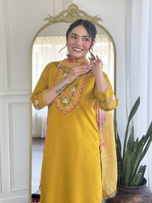 Yellow color chanderi partywear readymade kurta set 3