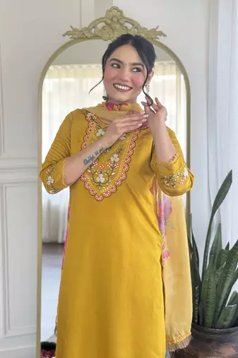 Yellow color chanderi partywear readymade kurta set