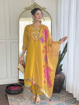 Yellow color chanderi partywear readymade kurta set 4
