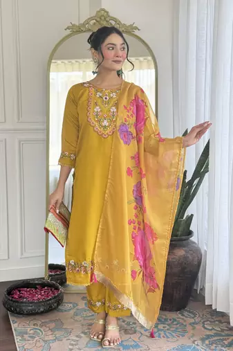 Yellow color chanderi partywear readymade kurta set