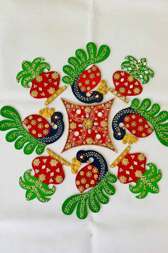 "Handcrafted Wooden Rangoli Set with 4 Peacock Peice, 4 Kalash Pieces & 1 Centerpiece ,Easy-to-Use  for Festive Decor"