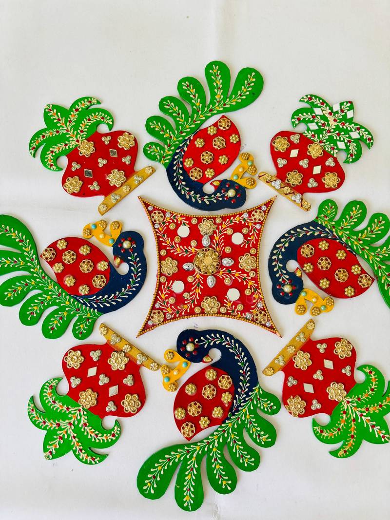 "Handcrafted Wooden Rangoli Set with 4 Peacock Peice, 4 Kalash Pieces & 1 Centerpiece ,Easy-to-Use  for Festive Decor"