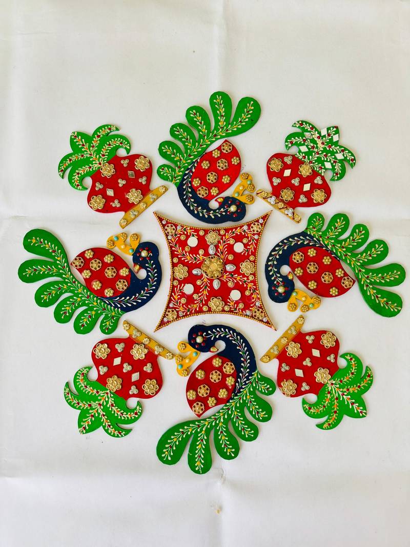 "Handcrafted Wooden Rangoli Set with 4 Peacock Peice, 4 Kalash Pieces & 1 Centerpiece ,Easy-to-Use  for Festive Decor"