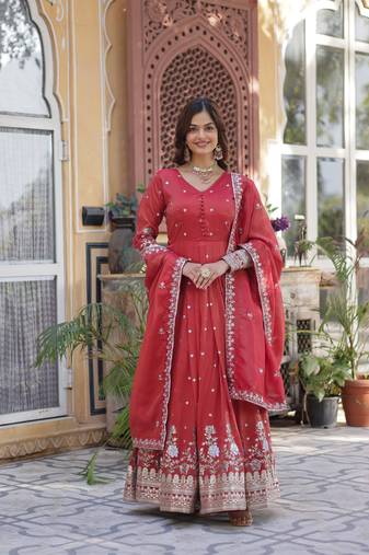 Red color beautiful designer viscose cosmos fabric ceremonial wear gown with dupatta