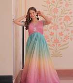 Peach color gold crush fabric elegant and stylish ceremonial gown for girls