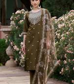 Mahendi color viscose rayon fabric partywear readymade salwar kameez for trendy looks